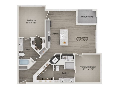 Floor plan for 2 beds, 2 baths, 1115 sqft